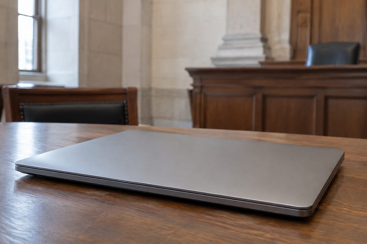 Laptop pe masa din sala de judecată